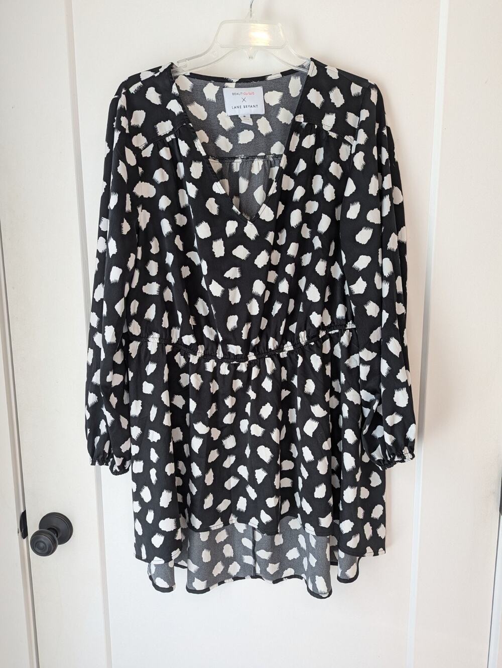 Lane Bryant Sz18 Beauticurve Black White High Low Tunic Satin Long Sleeve
